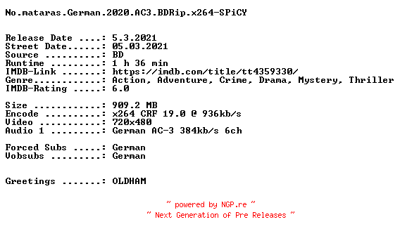 NFO for the release No.mataras.German.2020.AC3.BDRip.x264-SPiCY by SPiCY