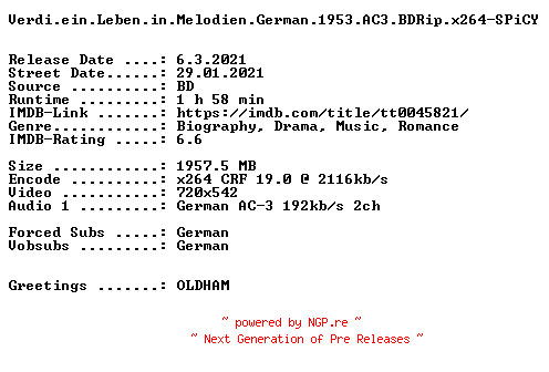 NFO for the release Verdi.ein.Leben.in.Melodien.German.1953.AC3.BDRip.x264-SPiCY by SPiCY