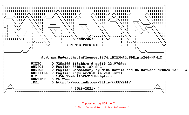 NFO for the release A.Woman.Under.the.Influence.1974.iNTERNAL.BDRip.x264-MANiC by MANiC