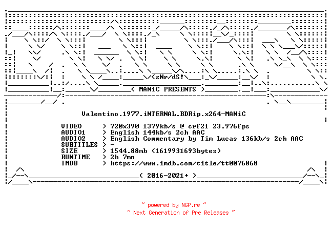 NFO for the release Valentino.1977.iNTERNAL.BDRip.x264-MANiC by MANiC