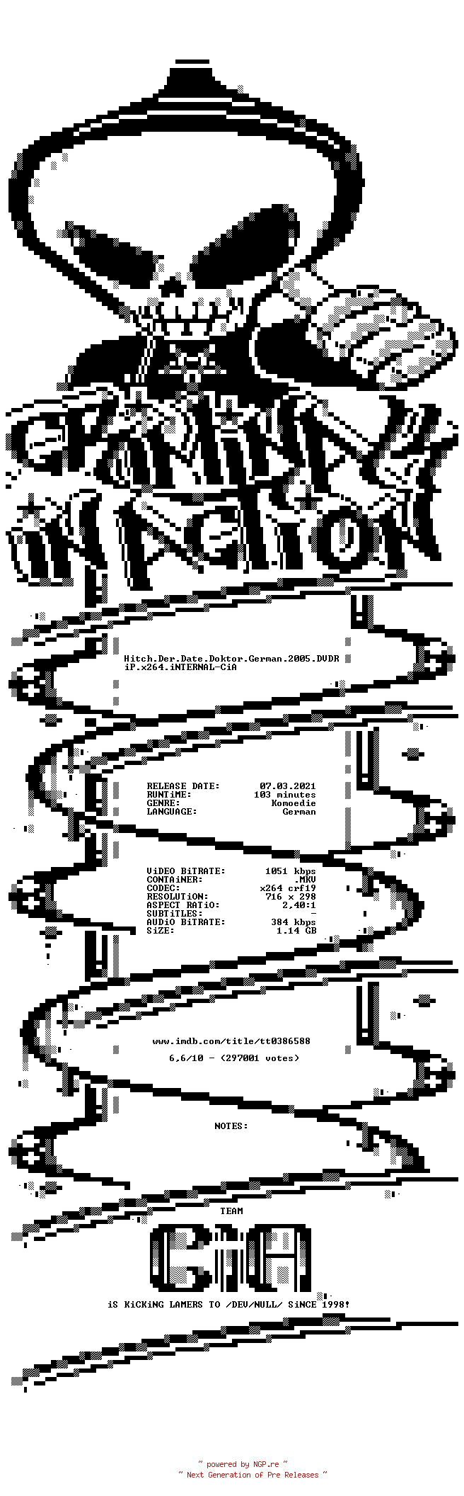 NFO for the release Hitch.Der.Date.Doktor.German.2005.DVDRiP.x264.iNTERNAL-CiA by CiA