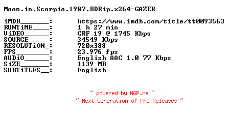 NFO for the release Moon.in.Scorpio.1987.BDRip.x264-GAZER by GAZER