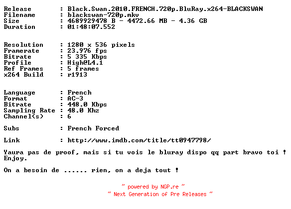 NFO for the release Black.Swan.2010.FRENCH.720p.BluRay.x264-BLACKSWAN by BLACKSWAN