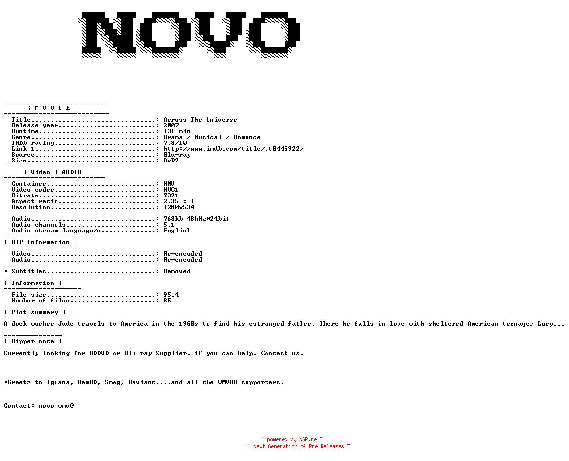 NFO for the release Across.The.Universe.2007.Bluray.VC1.720P.5.1.WMV-NOVO by NOVO