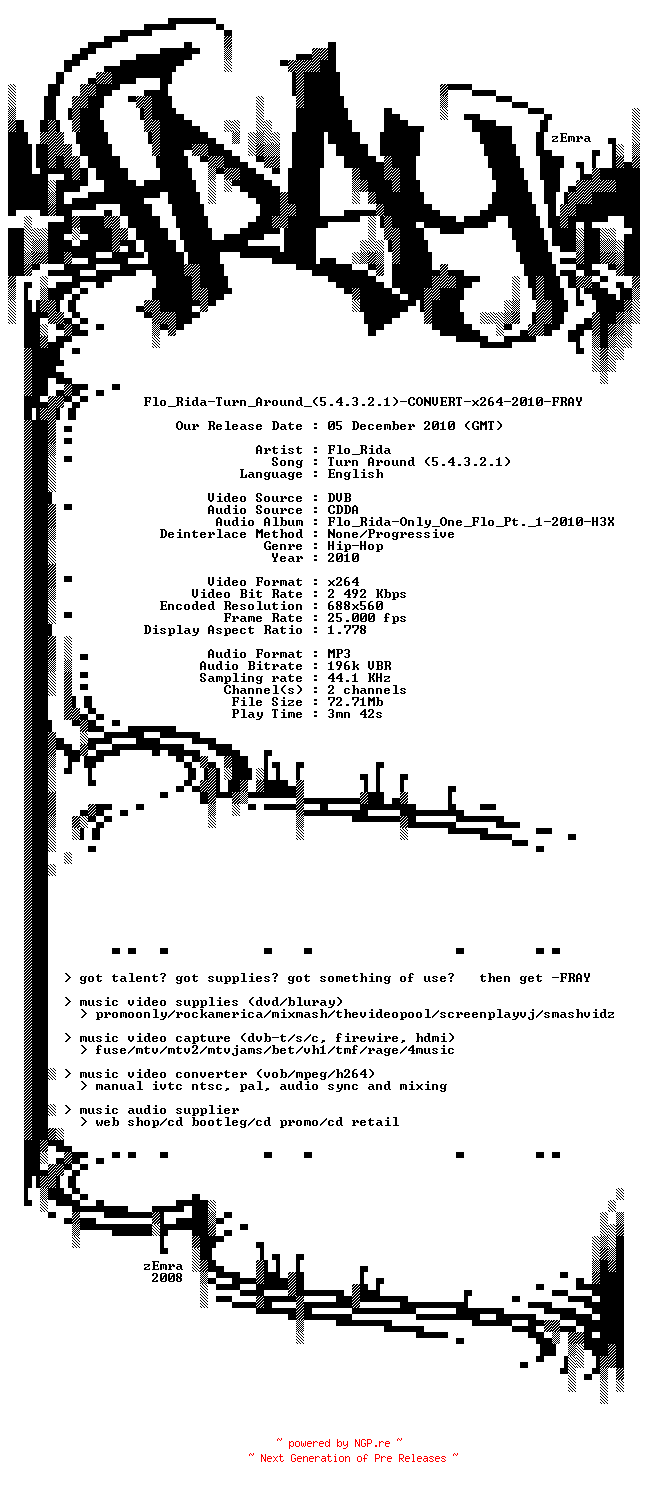 NFO for the release Flo_Rida-Turn_Around_(5.4.3.2.1)-CONVERT-x264-2010-FRAY by FRAY