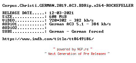 NFO for the release Corpus.Christi.GERMAN.2019.AC3.BDRip.x264-ROCKEFELLER by ROCKEFELLER