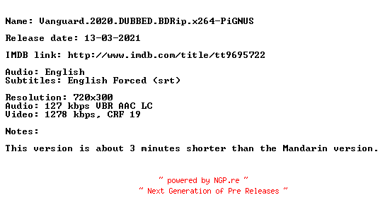 NFO for the release Vanguard.2020.DUBBED.BDRip.x264-PiGNUS by PiGNUS