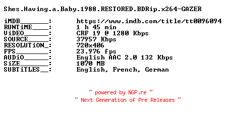 NFO for the release Shes.Having.a.Baby.1988.RESTORED.BDRip.x264-GAZER by GAZER