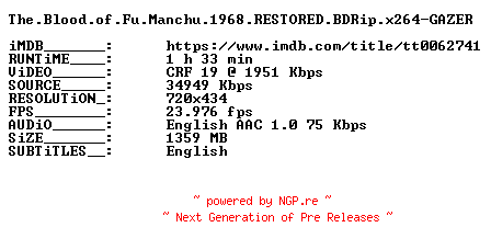 NFO for the release The.Blood.of.Fu.Manchu.1968.RESTORED.BDRip.x264-GAZER by GAZER