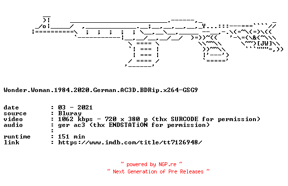 NFO for the release Wonder.Woman.1984.2020.German.AC3D.BDRip.x264-GSG9 by GSG9