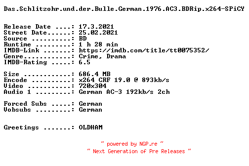 NFO for the release Das.Schlitzohr.und.der.Bulle.German.1976.AC3.BDRip.x264-SPiCY by SPiCY