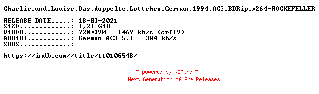 NFO for the release Charlie.und.Louise.Das.doppelte.Lottchen.German.1994.AC3.BDRip.x264-ROCKEFELLER by ROCKEFELLER