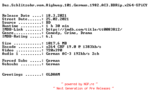 NFO for the release Das.Schlitzohr.vom.Highway.101.German.1982.AC3.BDRip.x264-SPiCY by SPiCY