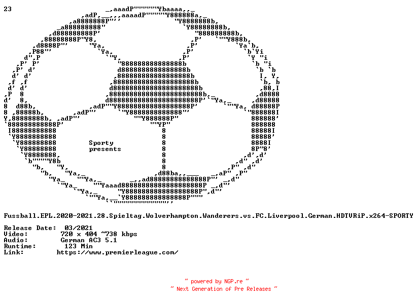 NFO for the release Fussball.EPL.2020-2021.28.Spieltag.Wolverhampton.Wanderers.vs.FC.Liverpool.German.HDTVRiP.x264-SPORTY by SPORTY