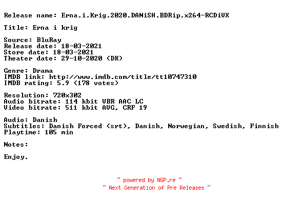 NFO for the release Erna.i.Krig.2020.DANiSH.BDRip.x264-RCDiVX by RCDiVX