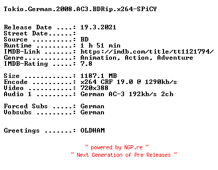 NFO for the release Tokio.German.2008.AC3.BDRip.x264-SPiCY by SPiCY