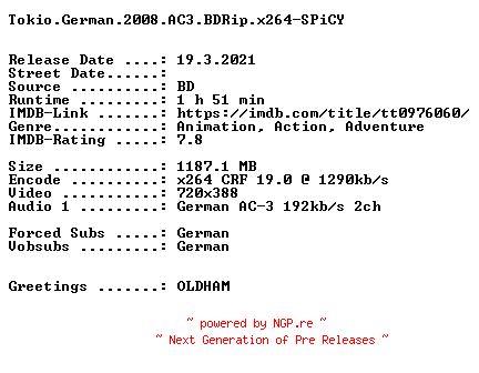 NFO for the release Tokio.German.2008.AC3.BDRip.x264.NFOFiX-SPiCY by SPiCY