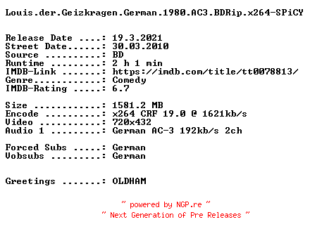 NFO for the release Louis.der.Geizkragen.German.1980.AC3.BDRip.x264-SPiCY by SPiCY
