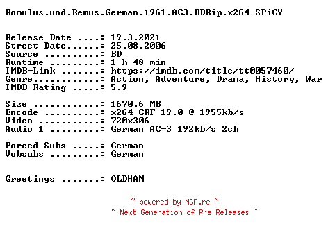NFO for the release Romulus.und.Remus.German.1961.AC3.BDRip.x264-SPiCY by SPiCY