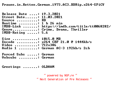 NFO for the release Frauen.in.Ketten.German.1973.AC3.BDRip.x264-SPiCY by SPiCY