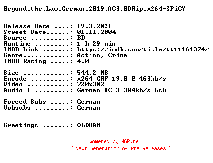 NFO for the release Beyond.the.Law.German.2019.AC3.BDRip.x264-SPiCY by SPiCY