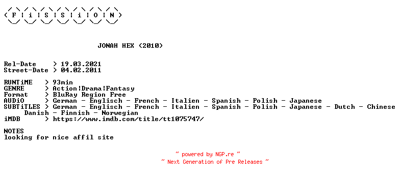 NFO for the release Jonah.Hex.2010.MULTi.COMPLETE.BLURAY.iNTERNAL-FiSSiON by FiSSiON