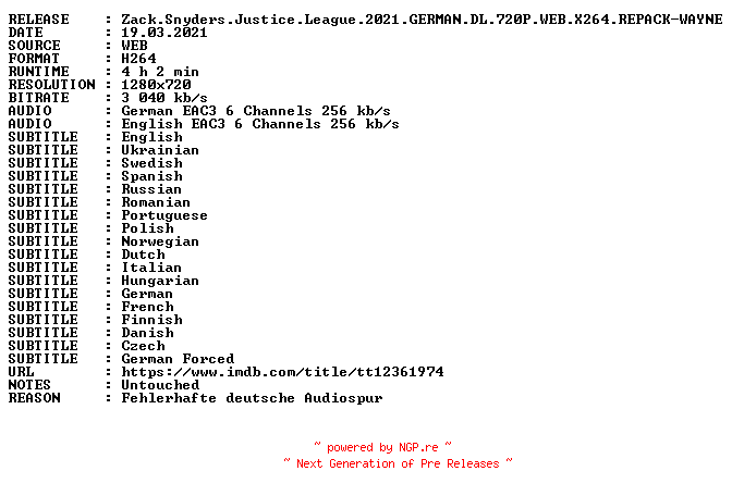 NFO for the release Zack.Snyders.Justice.League.2021.GERMAN.DL.720P.WEB.X264.REPACK-WAYNE by WAYNE