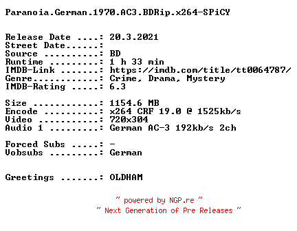 NFO for the release Paranoia.German.1970.AC3.BDRip.x264-SPiCY by SPiCY