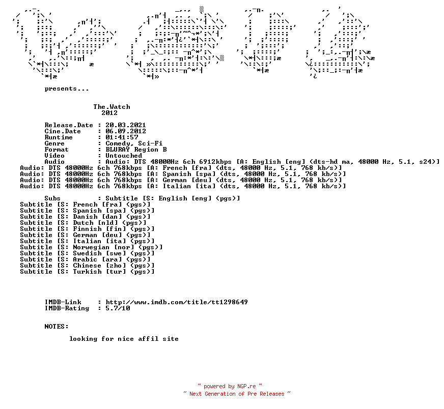 NFO for the release The.Watch.2012.MULTi.COMPLETE.BLURAY.iNTERNAL-VEiL by VEiL