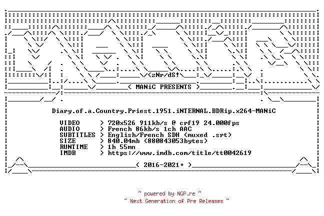 NFO for the release Diary.of.a.Country.Priest.1951.iNTERNAL.BDRip.x264-MANiC by MANiC