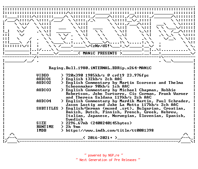 NFO for the release Raging.Bull.1980.iNTERNAL.BDRip.x264-MANiC by MANiC