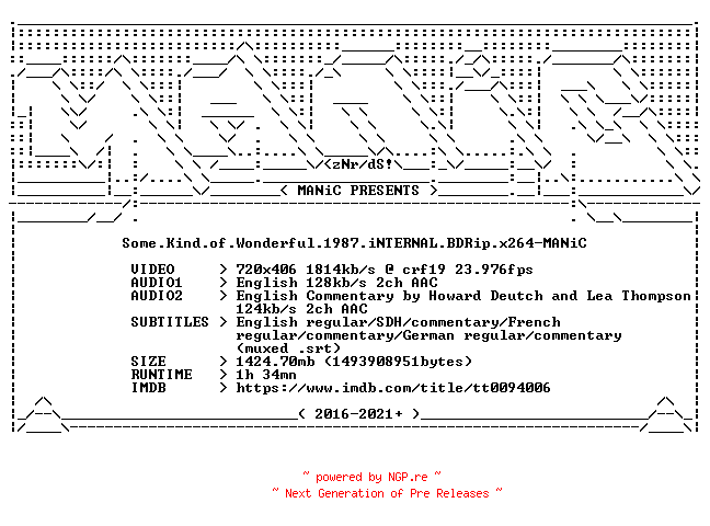 NFO for the release Some.Kind.of.Wonderful.1987.iNTERNAL.BDRip.x264-MANiC by MANiC