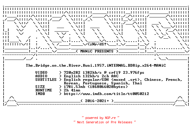 NFO for the release The.Bridge.on.the.River.Kwai.1957.iNTERNAL.BDRip.x264-MANiC by MANiC