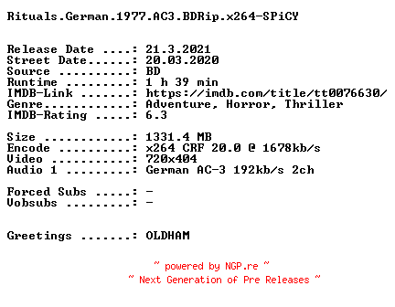 NFO for the release Rituals.German.1977.AC3.BDRip.x264-SPiCY by SPiCY