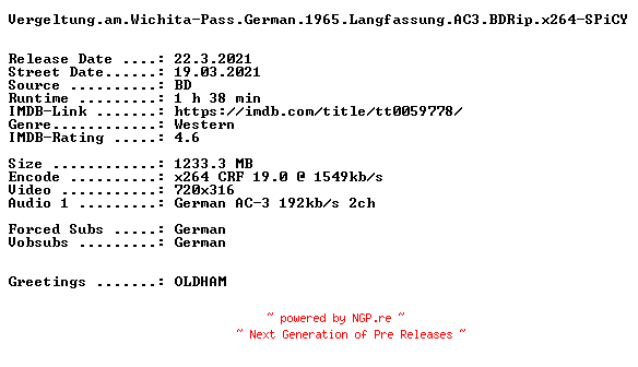 NFO for the release Vergeltung.am.Wichita-Pass.German.1965.Langfassung.AC3.BDRip.x264-SPiCY by SPiCY