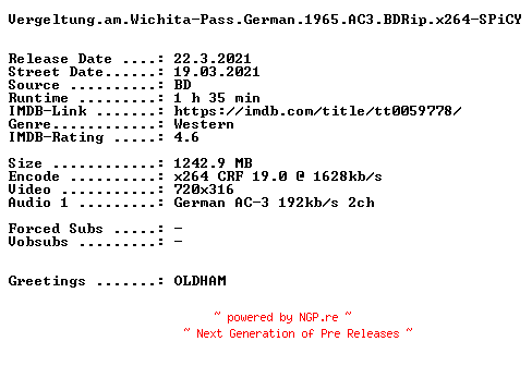 NFO for the release Vergeltung.am.Wichita-Pass.German.1965.AC3.BDRip.x264-SPiCY by SPiCY