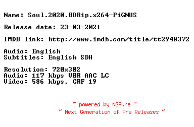 NFO for the release Soul.2020.BDRip.x264-PiGNUS by PiGNUS