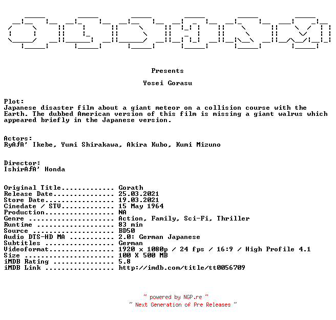 NFO for the release Yosei.Gorasu.1962.MULTi.COMPLETE.BLURAY.DiRFiX-OLDHAM by OLDHAM