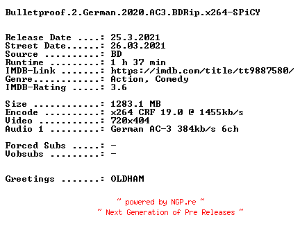 NFO for the release Bulletproof.2.German.2020.AC3.BDRip.x264-SPiCY by SPiCY