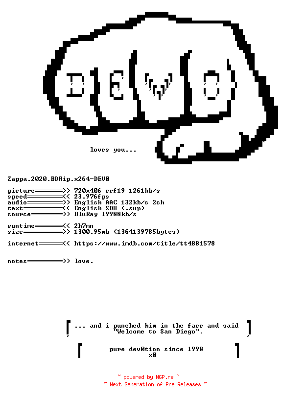 NFO for the release Zappa.2020.BDRip.x264-DEV0 by DEV0