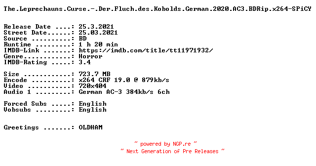 NFO for the release The.Leprechauns.Curse.-.Der.Fluch.des.Kobolds.German.2020.AC3.BDRip.x264-SPiCY by SPiCY