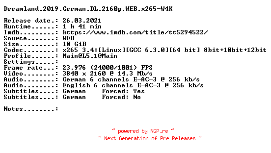NFO for the release Dreamland.2019.German.DL.2160p.WEB.x265-W4K by W4K