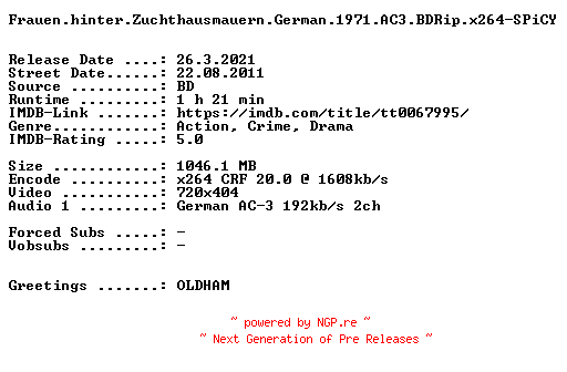 NFO for the release Frauen.hinter.Zuchthausmauern.German.1971.AC3.BDRip.x264-SPiCY by SPiCY