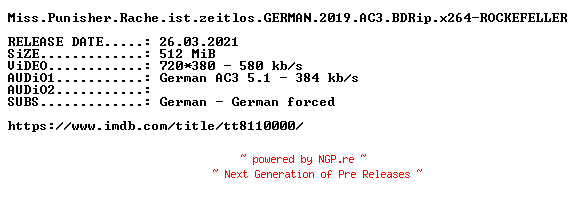NFO for the release Miss.Punisher.Rache.ist.zeitlos.GERMAN.2019.AC3.BDRip.x264-ROCKEFELLER by ROCKEFELLER
