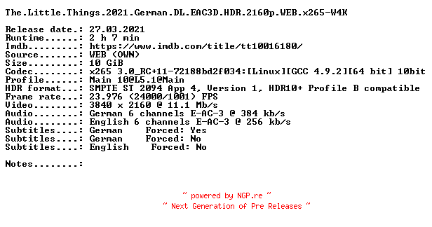 NFO for the release The.Little.Things.2021.German.DL.EAC3D.HDR.2160p.WEB.x265-W4K by W4K