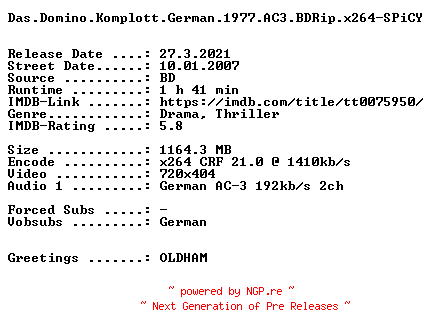 NFO for the release Das.Domino.Komplott.German.1977.AC3.BDRip.x264-SPiCY by SPiCY