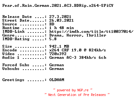 NFO for the release Fear.of.Rain.German.2021.AC3.BDRip.x264-SPiCY by SPiCY