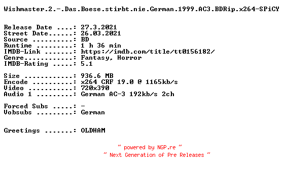 NFO for the release Wishmaster.2.-.Das.Boese.stirbt.nie.German.1999.AC3.BDRip.x264-SPiCY by SPiCY