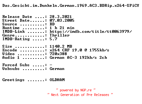 NFO for the release Das.Gesicht.im.Dunkeln.German.1969.AC3.BDRip.x264-SPiCY by SPiCY