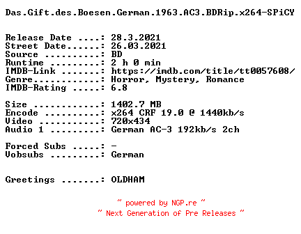 NFO for the release Das.Gift.des.Boesen.German.1963.AC3.BDRip.x264-SPiCY by SPiCY